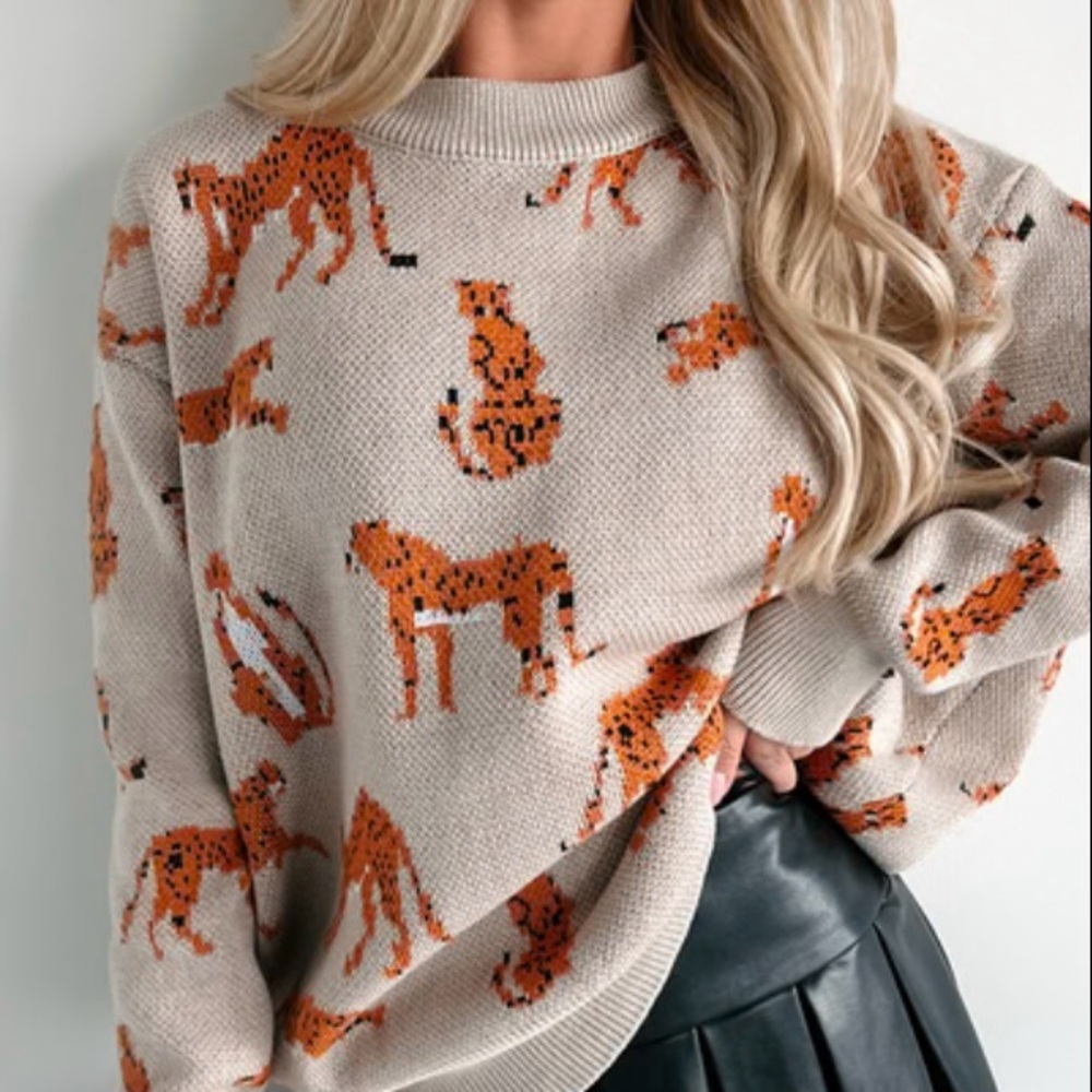 White Birch Beige Sweater with Orange Cheetah Design